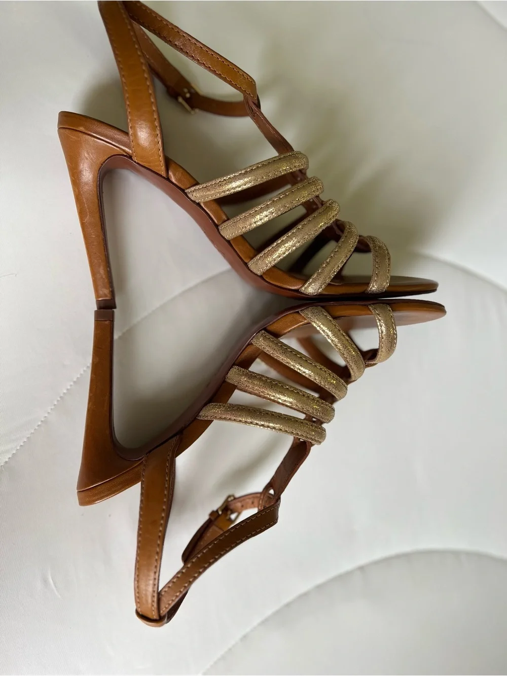 Tory Burch Leather Charlene Women's Tan and Gold Gladiator Heel Sandals size 7.5